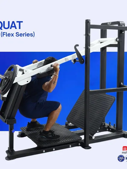 A user demonstrates the squat function on our 3-in-1 Flex Series machine, maintaining perfect form thanks to the guided motion.