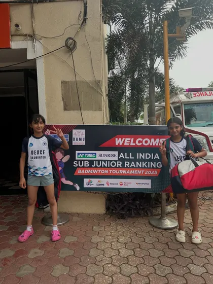 Our young athletes, Samaira and Anandita, arriving at the All India Sub-Junior Ranking Badminton Tournament in Mumbai.