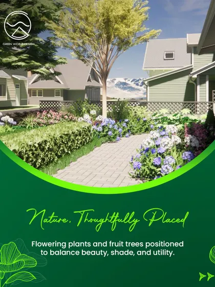 Nature, thoughtfully placed. This render illustrates how we position flowering plants and fruit trees to balance beauty, provide shade, and add utility to the garden, ensuring every element has a purpose.