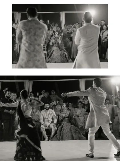 A special dance performance for the couple at their reception, captured from different angles to show both the performers and the couple's reactions.