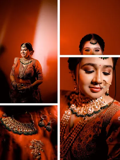 A collage of luxurious bridal portraits. It includes close-ups of the bride's face, her stunning Kundan jewelry, and her overall regal look, all captured with cinematic, warm lighting.