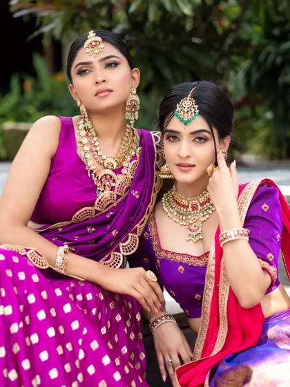 Another beautiful shot of our coordinated half sarees, perfect inspiration for a traditional wedding or festive event.