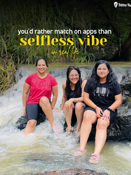 Forget matching on apps, we are all about that selfless vibe in real life. Here are three new friends enjoying a waterfall dip. Our trips are designed to help you connect with nature and with each other, away from the digital noise.