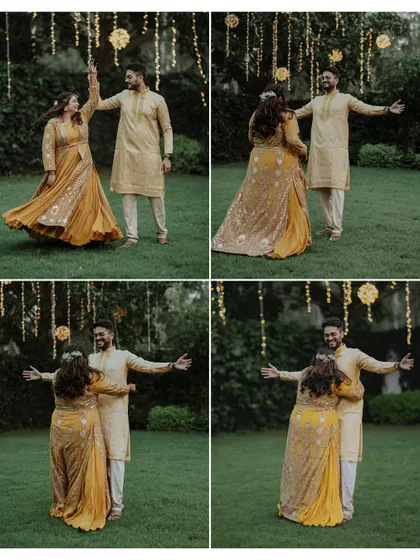 A four-panel story of the couple dancing together at their outdoor Haldi event, full of twirls and happy embraces.