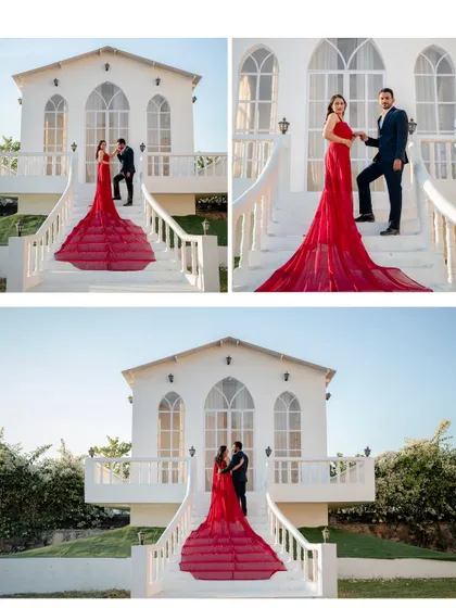 A stunning collage of Ronit and Ritu's shoot at a Santorini-themed location, with the bride's red trail gown creating a spectacular visual.