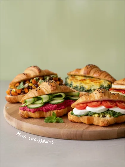 My mini croissants can be made savory or sweet for any occasion, from brunches to high teas. This platter showcases a variety, including croissants stuffed with house-special pesto and veggies, and another with classic caprese flavors.