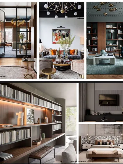 An inspiration board for a master bedroom and study area. It showcases ideas for integrated shelving, bold color accents, and sophisticated furniture to create a multi-functional and stylish space.