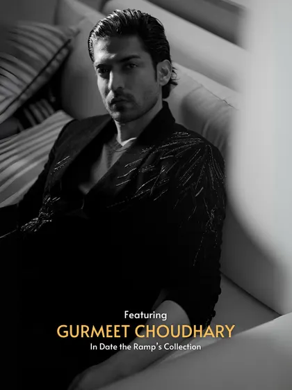 Gurmeet Choudhary's sharp, modern style is the perfect counterpart to any glamorous look. This black and white shot captures his confident presence, a great inspiration for grooms.