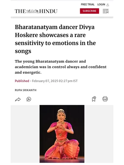 Excerpts from a review of my performance at The Madras Music Academy, featured in The Hindu. The critic highlights my "rare sensitivity to emotions," "neatness of adavus," and "azhutham—groundedness," all qualities I strive for in my choreography.