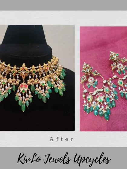 Another angle of the final upcycled choker and earrings. The vibrant green emeralds and intricate kundan work shine in this beautiful 'after' shot.