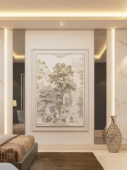 This bedroom design uses architectural details to create interest. The wall features large panels of white marble and fluted textures, complemented by a large piece of framed art, resulting in a clean and sophisticated look.