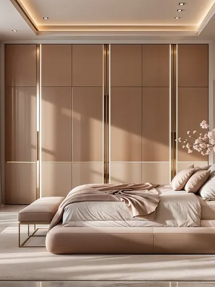 A beautiful render showing how natural light interacts with the space. The sunlit wardrobe with integrated vertical lighting and the soft, flowing curtains create a warm and inviting atmosphere.
