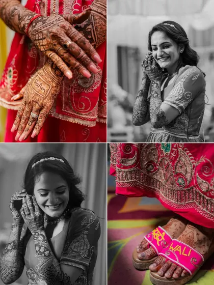 A collage of details from Akshara's Mehendi. It includes close-ups of her henna, her shy smiles, and even her fun, personalized footwear, showing my attention to every little detail.