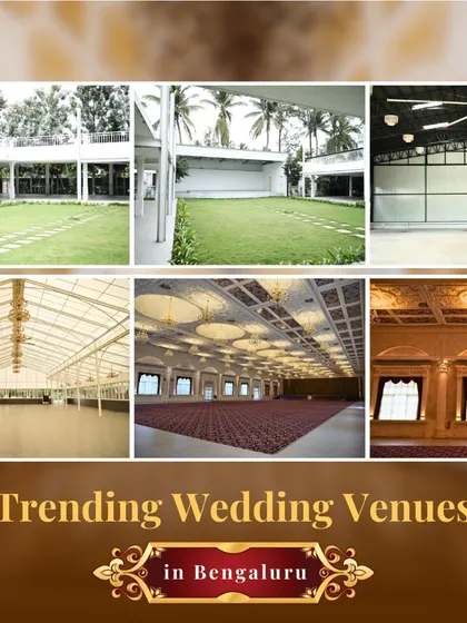 A collage of trending wedding venues in Bengaluru, featuring the open-air lawns of Ikshaa and the grand halls of White Feather. This showcases the variety of styles we offer, from natural to opulent.