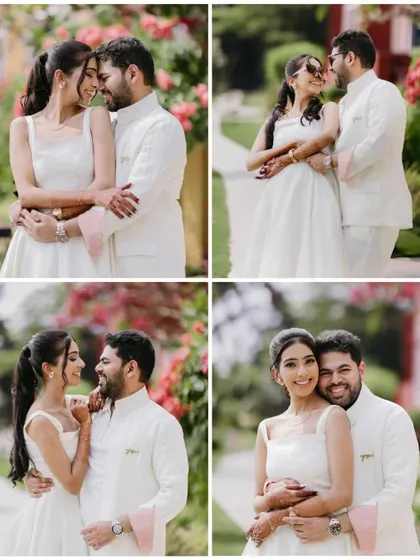 A collage of a couple in matching white outfits, sharing romantic and candid moments in a beautiful garden setting with vibrant pink flowers.