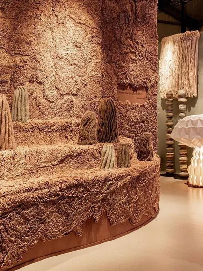 The 'Shroom' installation, an immersive landscape inspired by the free-flowing forms of mushrooms. We used a textile technique called Fru-Fru to create the elaborate, textured surfaces.