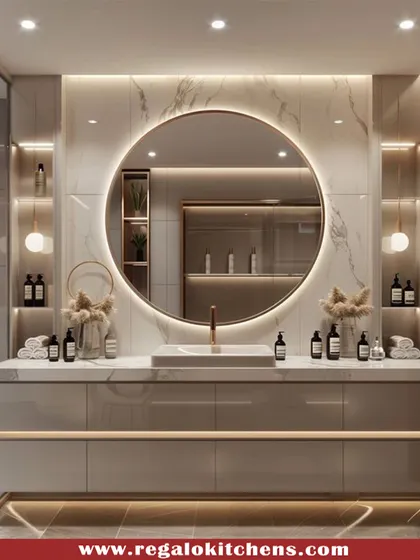 This vanity is a showstopper, featuring a backlit circular mirror against a marble wall. The floating design of the cabinet enhances the sense of space and luxury.