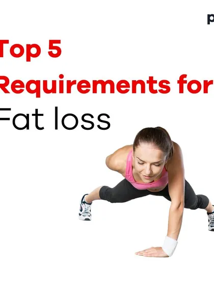 A clear, concise carousel outlining the top five requirements for fat loss. The list includes creating a calorie deficit, incorporating strength training, increasing daily movement, prioritizing protein intake, and being patient.