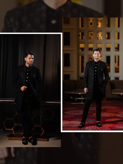 A diptych of the groom's portraits. These shots showcase his stylish black sherwani and his confident look for the engagement party.