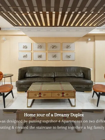 A collage showing the living room of a duplex created by joining four apartments, featuring a leather sofa and a unique trunk-style coffee table.
