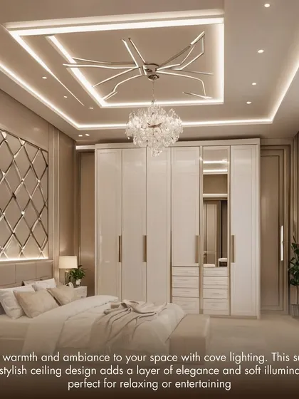 Cove lighting within a tray ceiling adds a layer of elegance and soft, ambient illumination. Paired with a statement chandelier, it creates a luxurious and inviting atmosphere perfect for a bedroom.
