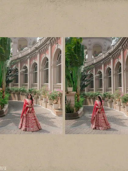 A diptych showing the bride from two different angles against a grand architectural backdrop.