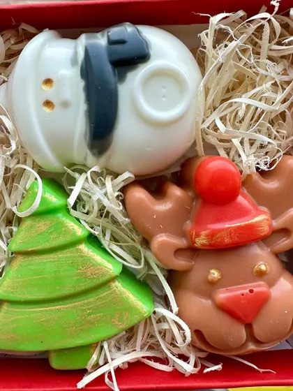 A festive Holiday Soap Gift Box, perfect for Christmas or as a Secret Santa gift. This one features three enchanting soaps: a Snowman, a Christmas Tree, and Rudolph the Reindeer.