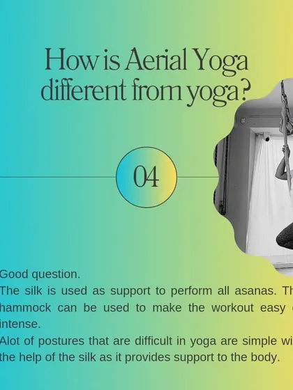 How is aerial yoga different from regular yoga? We use the silk as a support to perform asanas. It can make the workout easier or more intense, and helps you get into poses that are difficult on the mat.