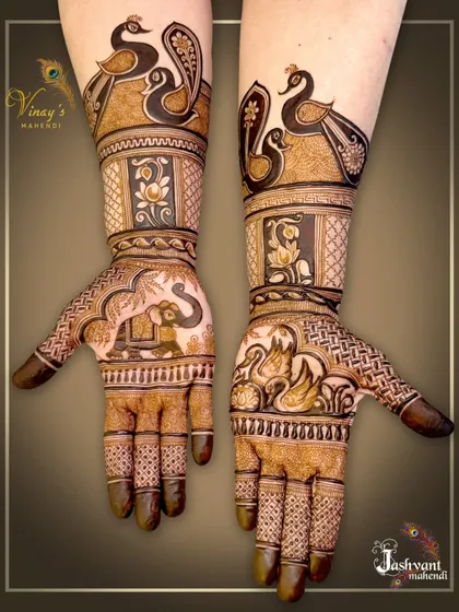 This series showcases a designer mehndi rich with fauna, including peacocks, swans, and elephants, blended with lotus flowers and traditional patterns for a full and festive look.