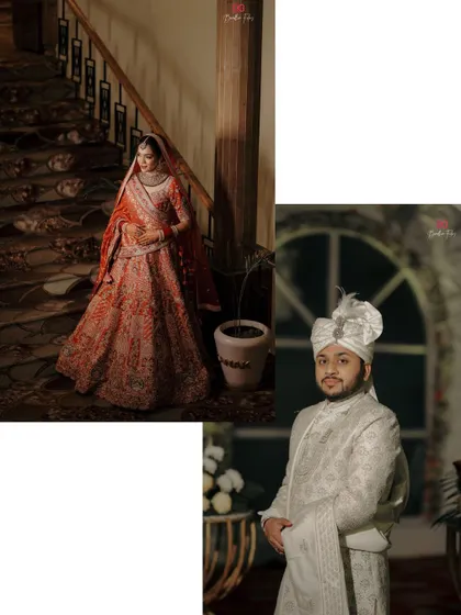 A collage of the bride and groom's individual portraits, showcasing their grand wedding attire.