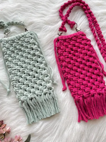 My phone and sunglasses pouches are available in so many colors. Here are two popular choices: a soft mint green and a vibrant hot pink, both with fun fringe.