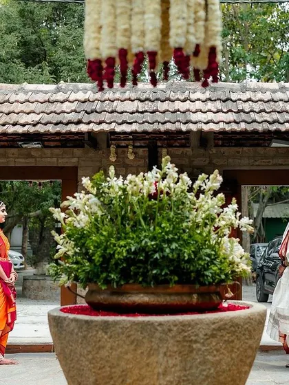 The first look. We positioned the couple at the entrance of their beautiful, traditionally decorated venue for this significant and emotional moment.