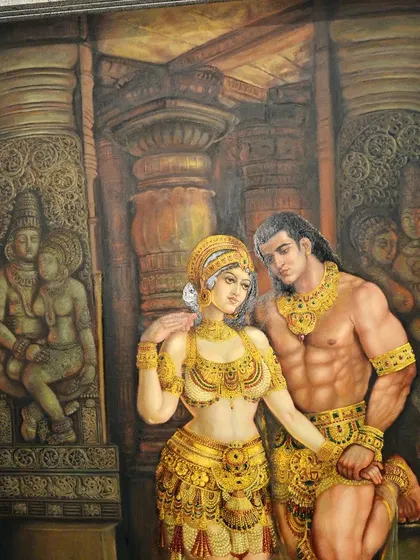 The majestic 'Hoysala' painting by Rukmini Varma, the largest artwork she had created at the time. It took her close to 25,000 hours to conceive and paint this monumental piece.