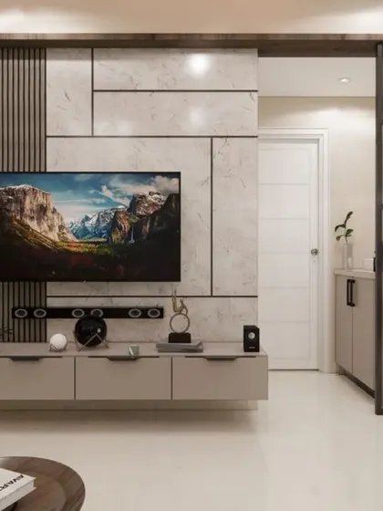 Another angle of the modern TV unit concept, highlighting the integrated display shelves and the sleek, handleless cabinets that contribute to the minimalist aesthetic.
