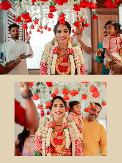 A collage showing the bride's grand entrance and the beautiful moments of her Tamil wedding ceremony.