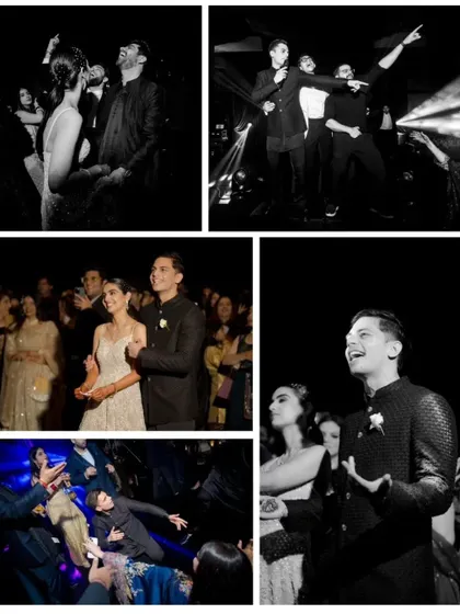 The uninhibited joy of the dance floor. This black and white collage captures the high-energy, candid moments from a sangeet night, freezing the laughter, the wild moves, and the pure fun of celebrating with friends and family.