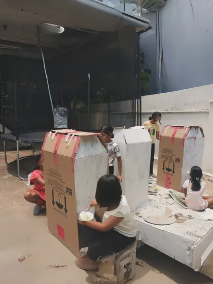 Behind the scenes of our theatre production, "You, Me, and Make Believe." The children worked hard to build and paint their own sets, learning collaboration and problem-solving along the way.