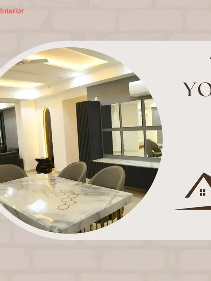 This graphic emphasizes my commitment to building dream homes. It features a modern dining area with a marble-topped table and a sleek crockery unit.