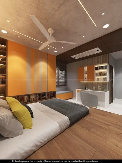 This angle shows the study area and the striped orange and grey wardrobe in the kids' bedroom.