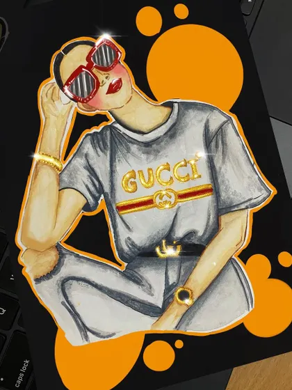 A fashion illustration with a bold, graphic style. I used markers to draw this stylish figure in a Gucci shirt, adding digital sparkles for a touch of glamour.