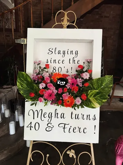 Another view of the stunning floral welcome sign for the 'Megha turns 40 & Fierce' party.