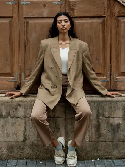 A symmetrical and powerful pose from the same series. The composition draws the eye directly to the model, creating a strong focal point.