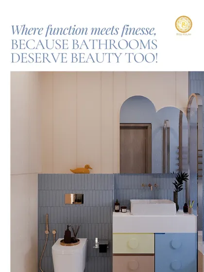 Where function meets finesse, because bathrooms deserve beauty too. This playful yet chic bathroom features a unique Lego-inspired vanity and a soothing blue and beige color scheme.