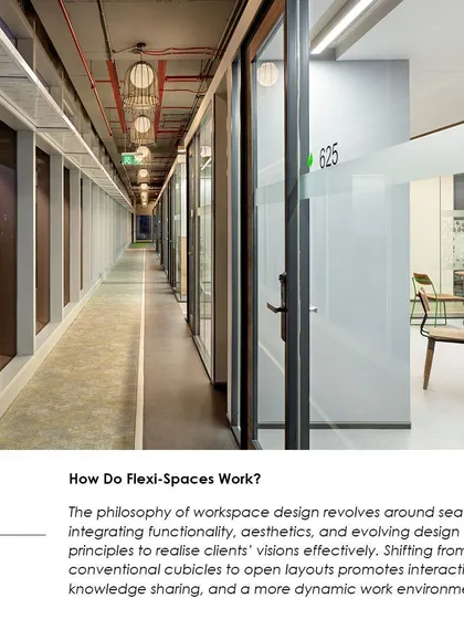 A graphic from the Commercial Design article, explaining how flexi-spaces work by shifting from conventional cubicles to open layouts that promote interaction.