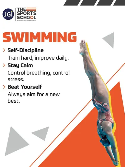 An infographic highlighting the life lessons from swimming, such as self-discipline, staying calm under pressure, and competing against your own best time.