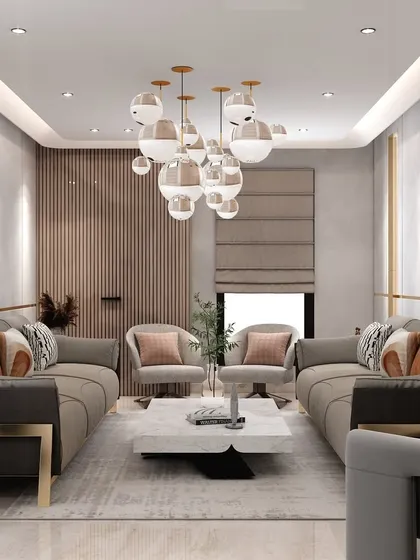 A render of a maximalist living room design that balances muted walls with opulent accents. The space features a striking bubble chandelier, plush sofas, and a marble coffee table for a look that is both dramatic and harmonious.