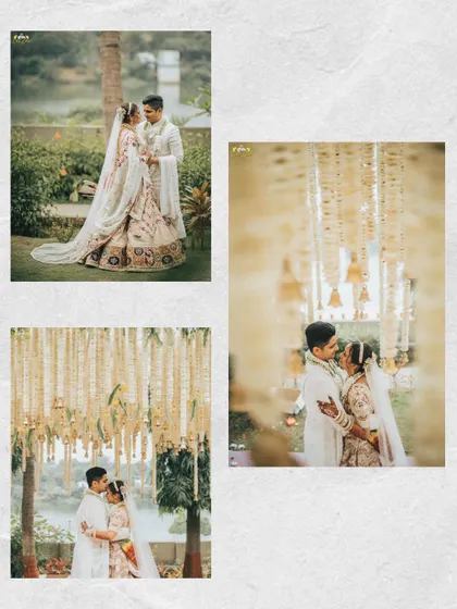 A collage of portraits from Palmi and Nainish's wedding. It showcases different angles and moments under their beautiful floral mandap, telling a more complete story of their ceremony.