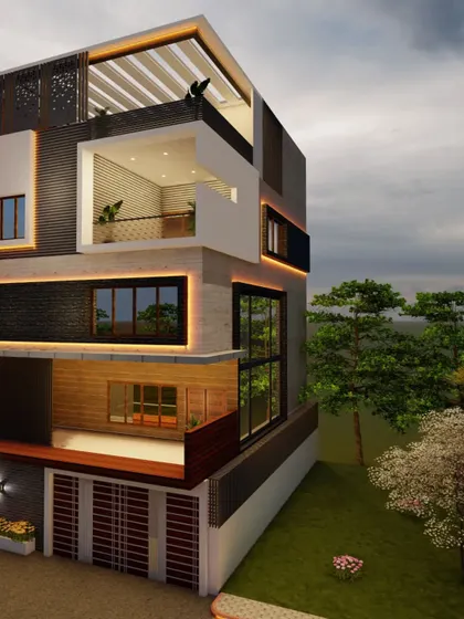 Another side perspective, offering a clear view of the layered balconies and the rooftop pergola.