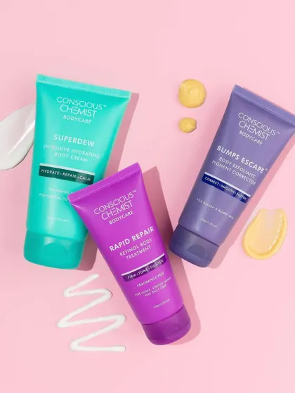We created this flatlay to showcase the textures and vibrant colors of a full body care range. The deliberate arrangement of product swatches gives customers a true sense of the feel and consistency of each cream.