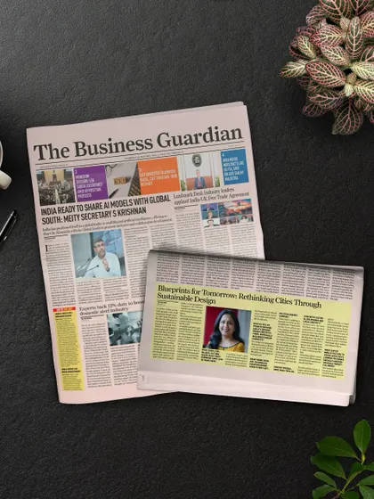 A look at the full spread of the Business Guardian feature on our firm's approach to sustainable urban design. This media coverage highlights our thought leadership on topics like net-positive energy and weaving technology with local identity.